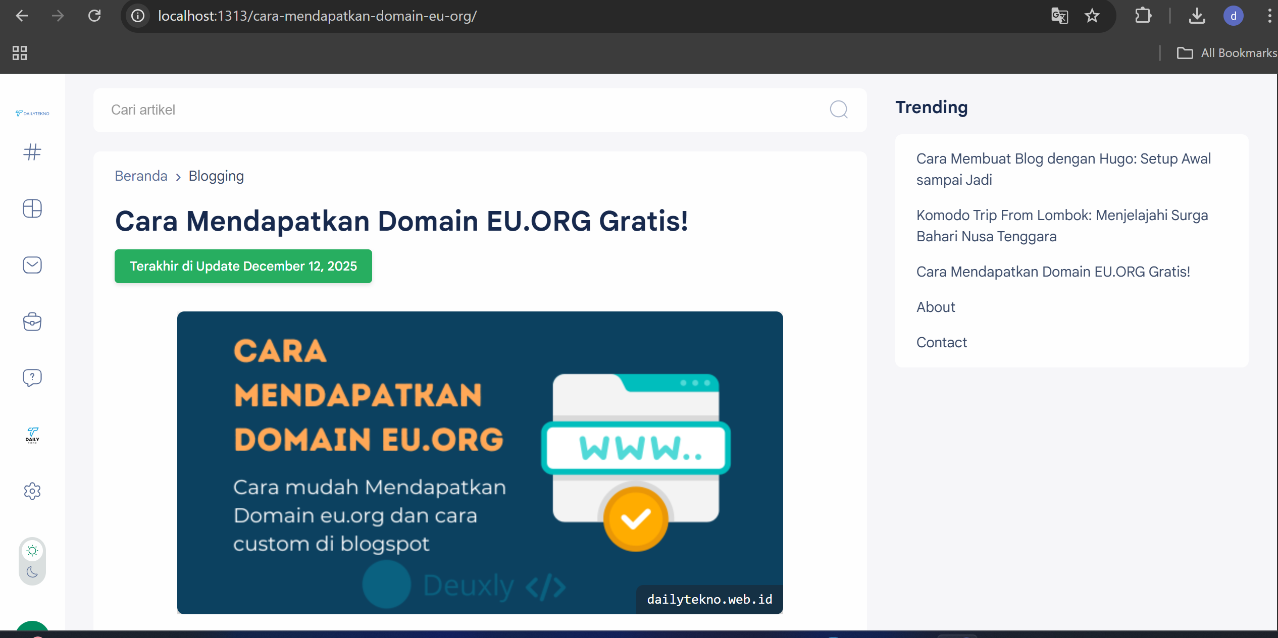 Preview blog Hugo yang berjalan di localhost browser